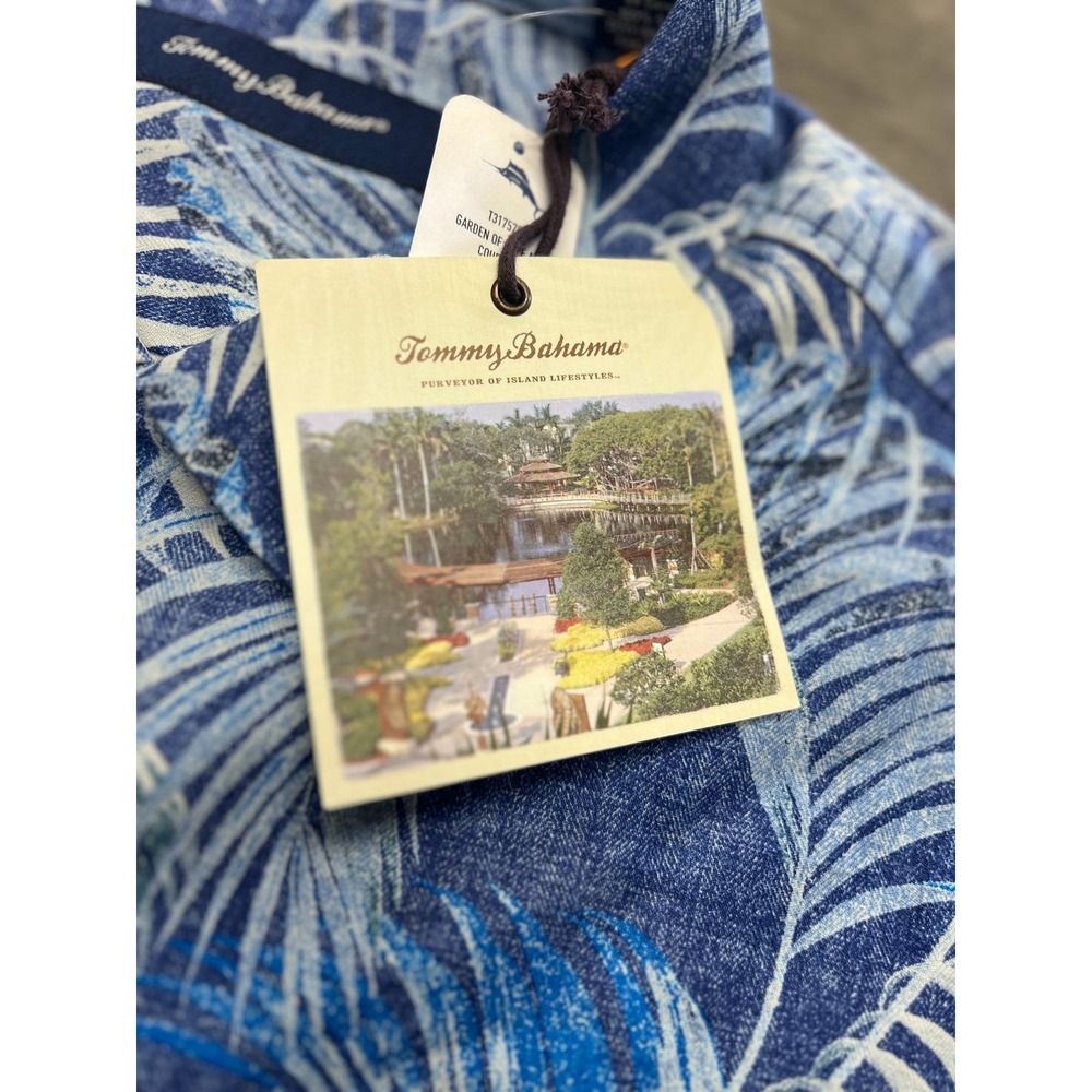 Tommy Bahama Mens Silk Camp Shirt Garden Of Hope And Courage Blue Palm Print L - Picture 4 of 8
